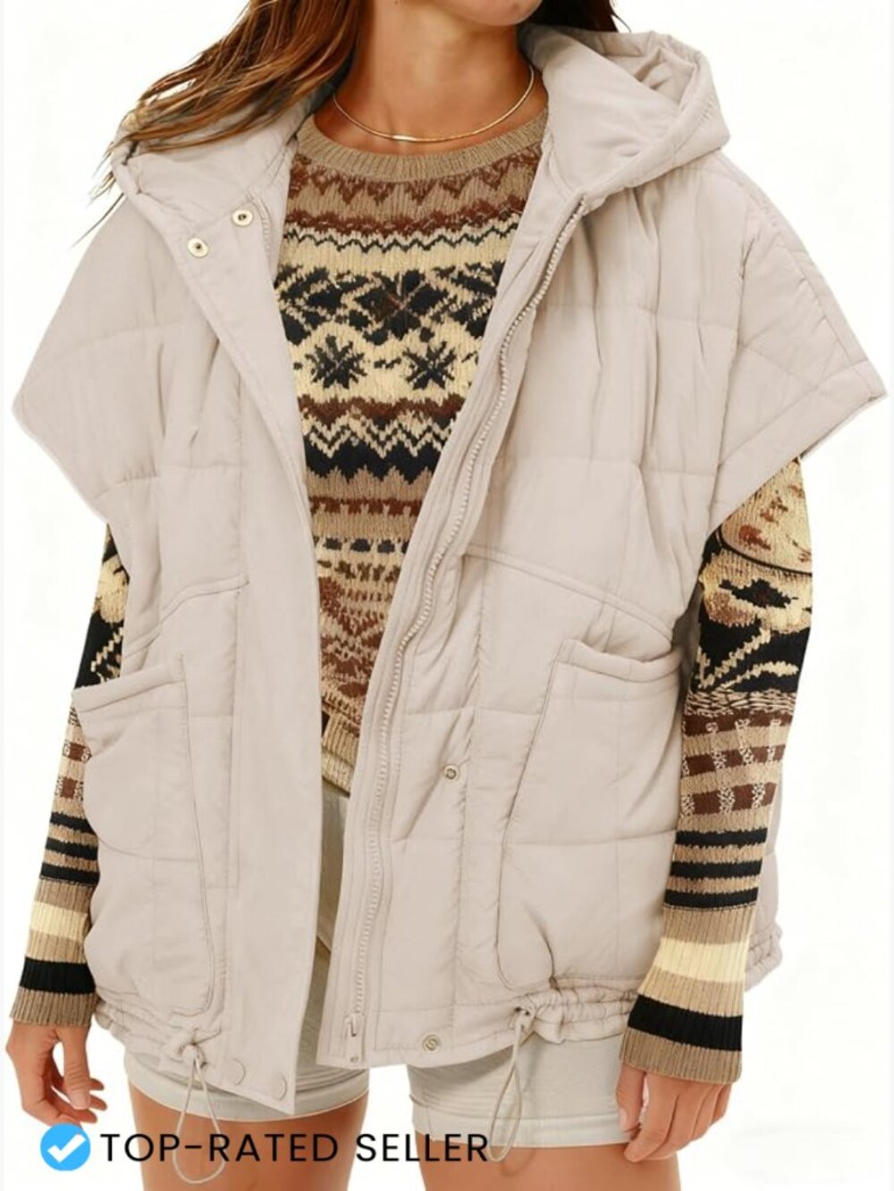 Oversized Quilted Puffer Vest Hooded Relaxed Fit Sleeveless Zip Layer Warm